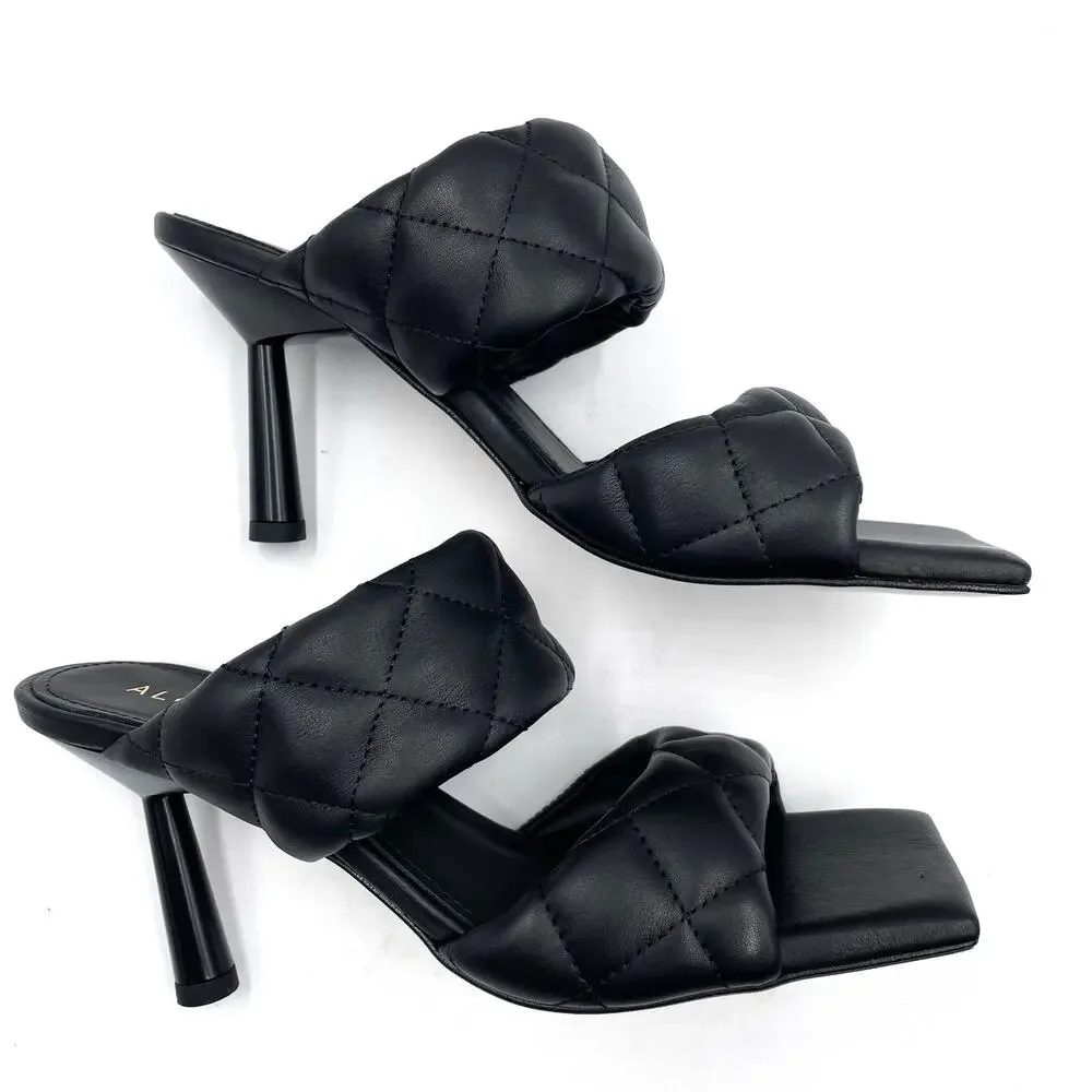 Alohas Conner Sandals Black Leather Quilted Heels‎ Square Toe Sz 8.5